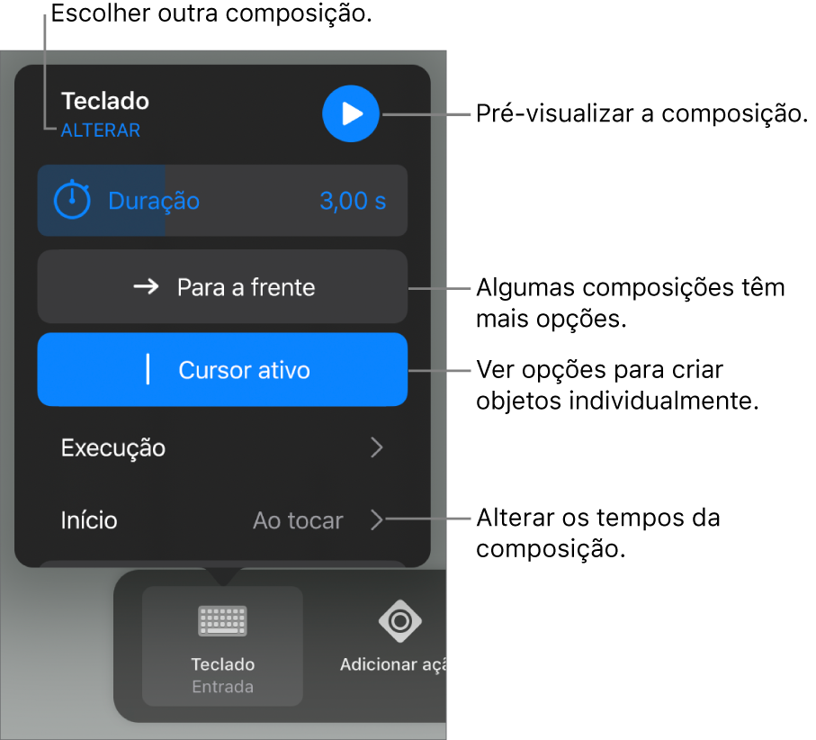 As opções de composição incluem Duração, Execução e Temporização de início. Toque em Alterar para escolher uma composição diferente ou toque em Pré-visualizar para pré-visualizar a composição.