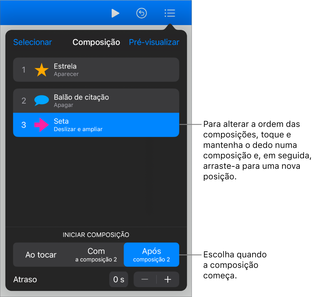 A lista “Ordem de composição” a indicar efeitos de entrada com emblemas amarelos e efeitos de saída com emblemas cinzentos.