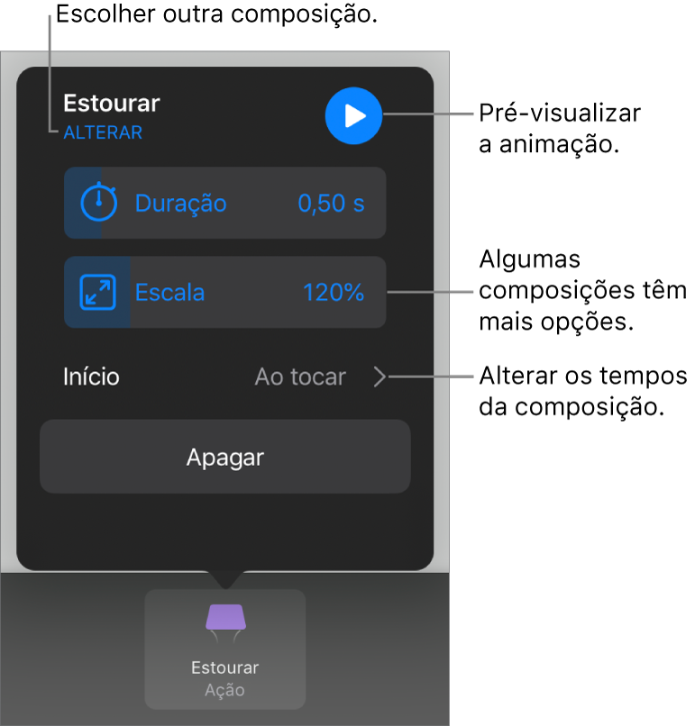 As opções de composição incluem Duração e Temporização de início. Toque em Alterar para escolher uma composição diferente ou toque em Pré-visualizar para pré-visualizar a composição.