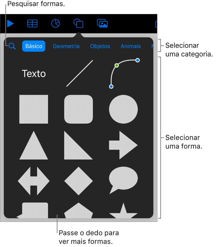 A biblioteca de formas, com as categorias exibidas na parte superior e as formas na parte inferior. É possível usar o campo de pesquisa na parte superior para encontrar formas e passar o dedo para ver mais.