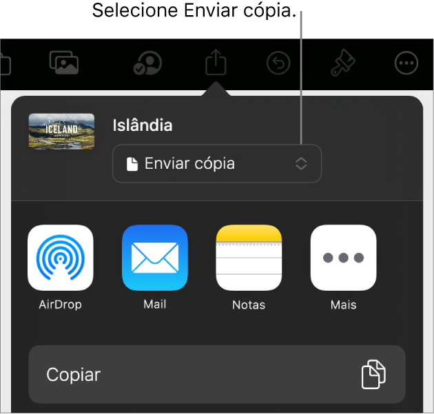 O menu Partilha com “Enviar cópia” selecionada na parte superior.