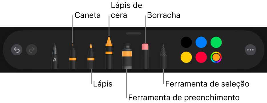 As barra de ferramentas de desenho com uma caneta, lápis, lápis de cera, ferramenta de preenchimento, borracha, ferramenta de seleção e o seletor de cores a apresentar a cor atual.