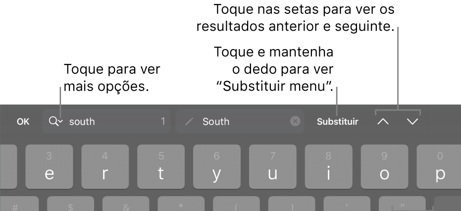 Os controlos “Procurar e substituir” acima do teclado com chamadas para os botões “Opções de pesquisa”, “Substituir”, “Ir para cima” e “Ir para baixo”.