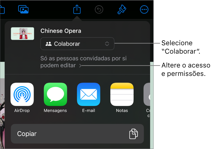 O menu Partilha com “Colaboração” selecionada na parte superior e as definições de acesso e permissão por baixo.