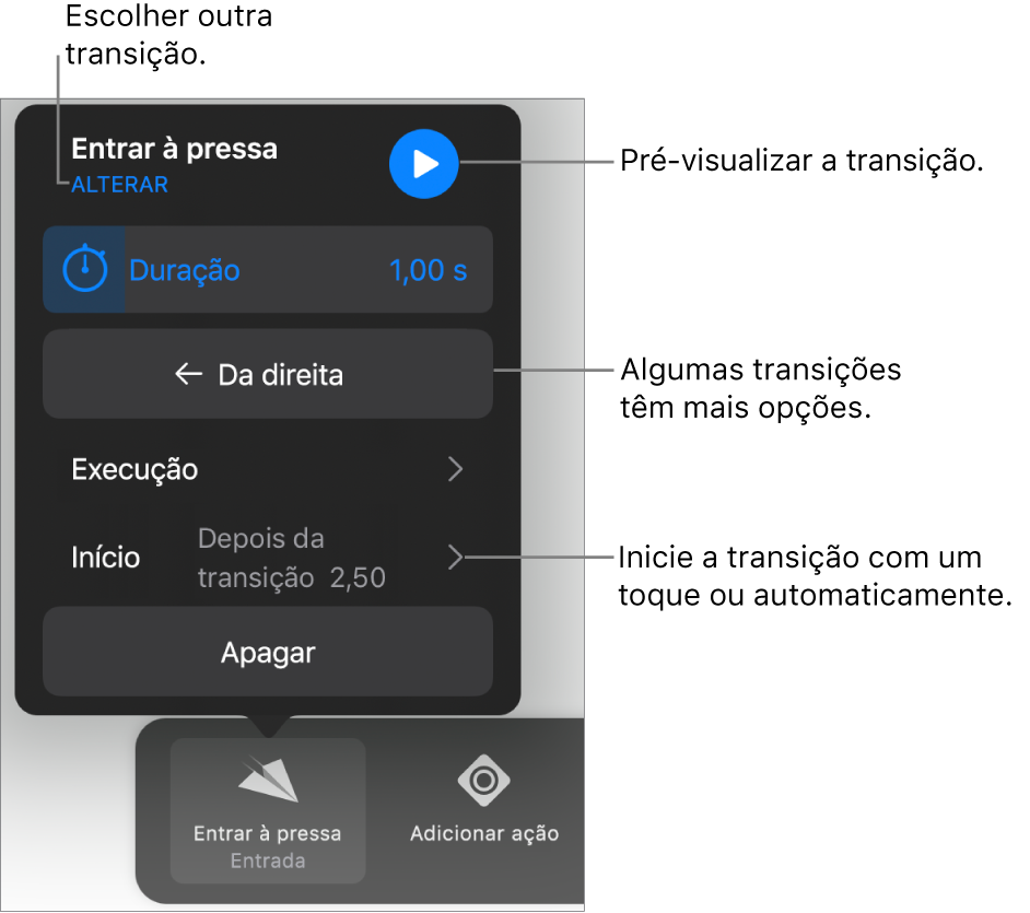 Controlos no painel de opções para modificar as transições.