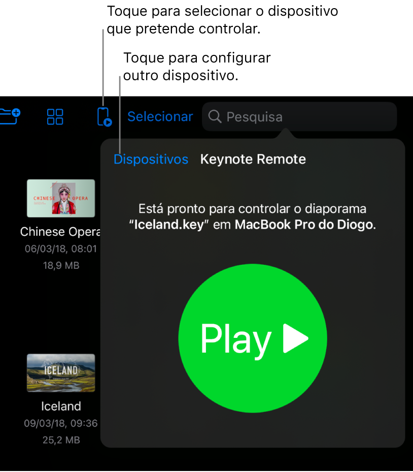 O pop-over “Gerir dispositivos”, mostrando a hiperligação “Adicionar um dispositivo”.