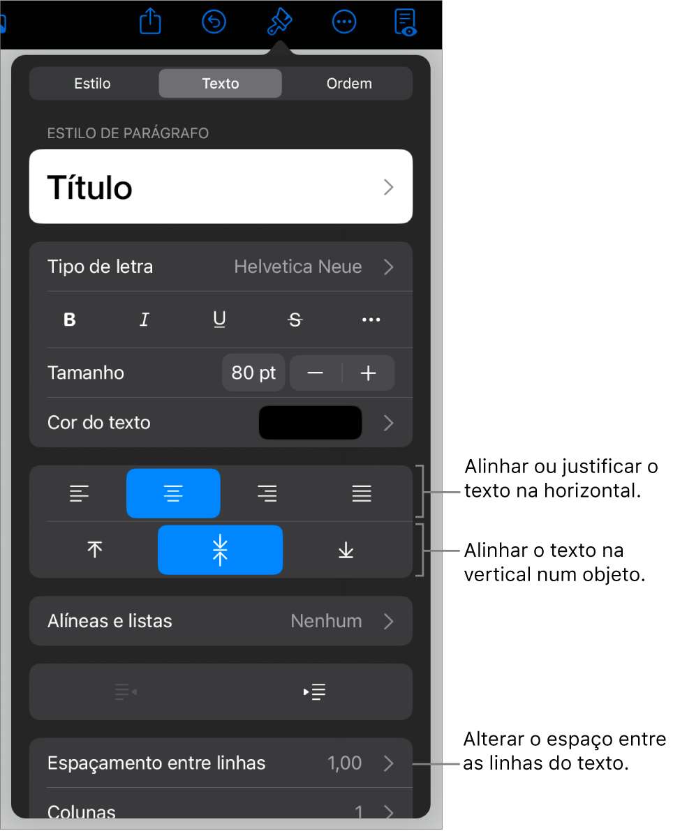 O painel Disposição com chamadas para os botões de alinhamento e espaçamento de texto.