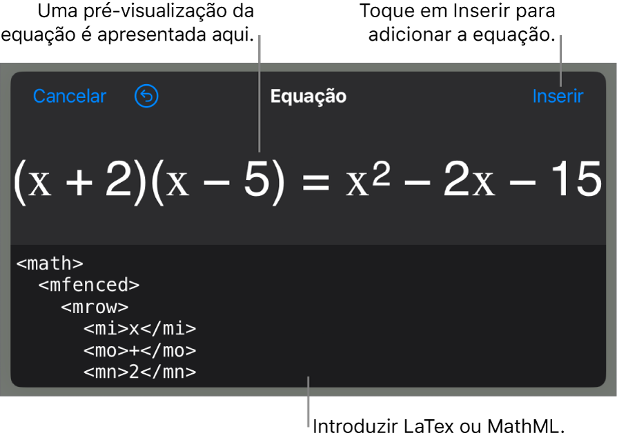A caixa de diálogo “Equação”, apresentando uma equação escrita com recurso aos comandos MathML e uma pré-visualização da fórmula em cima.