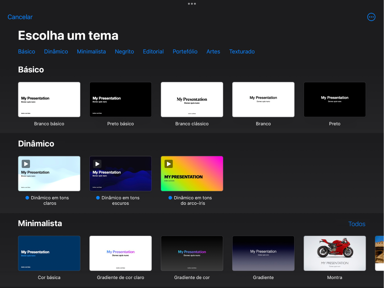 A lista de temas com uma linha de categorias visível na parte superior, na qual é possível tocar para filtrar as opções. Por baixo encontram-se as miniaturas de temas preconcebidos organizados em linhas por categoria.