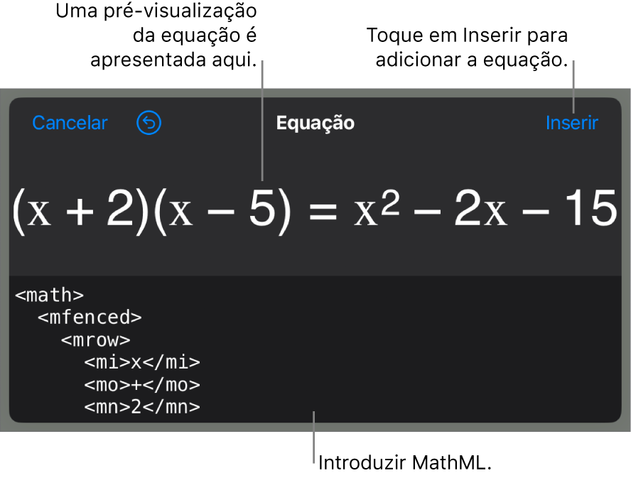 A caixa de diálogo “Equação”, apresentando uma equação escrita com recurso aos comandos MathML e uma pré-visualização da fórmula em cima.