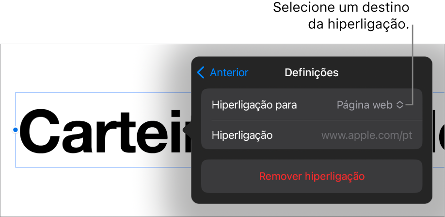 Os controlos de Definições com a página web selecionada e o botão Remover hiperligação na parte inferior.