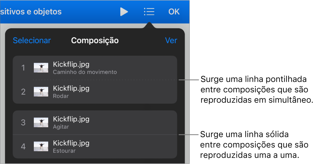 O menu Composição, com um contorno pontilhado que aparece entre composições que são reproduzidas simultaneamente e uma linha sólida entre composições que são reproduzidas individualmente.