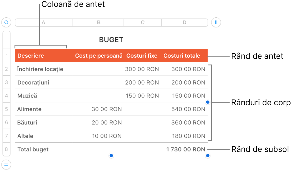 Un tabel, cu rânduri și coloane pentru antet, corp și subsol și mânere pentru adăugarea sau ștergerea rândurilor sau coloanelor.