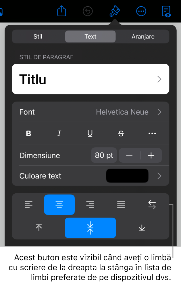 Comenzile pentru text din meniul Format cu o explicație referitoare la butonul De la stânga la dreapta.