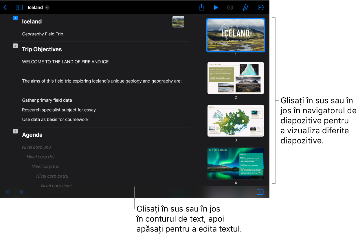 Vizualizarea Structură cu structura de text în stânga ecranului și navigatorul de diapozitive vertical în dreapta.