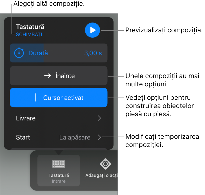 Opțiunile de compoziție includ Durata, Livrare și Începere temporizare. Apăsați Schimbați pentru a alege o altă compoziție sau apăsați Preafișează pentru a previzualiza compoziția.