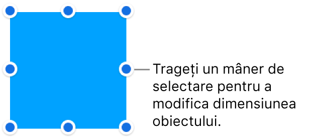 Un obiect cu puncte albastre pe bordură, pentru modificarea dimensiunii acestuia.