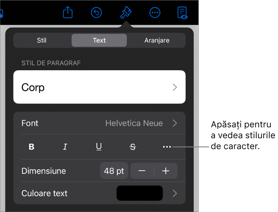 Comenzile Format cu stilurile de paragraf în partea de sus, apoi comenzile Font. Sub Font se află butoanele Aldin, Cursiv, Subliniat, Tăiat cu o linie și Alte opțiuni de text.