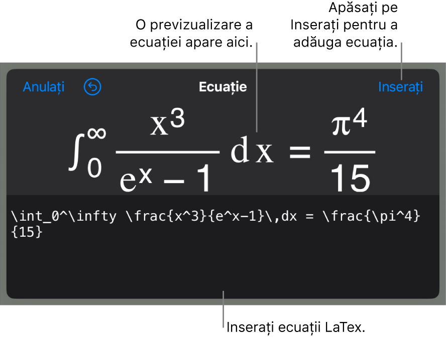 Caseta de dialog Ecuație, afișând o ecuație scrisă cu ajutorul comenzilor LaTex și, deasupra, o previzualizare a formulei.