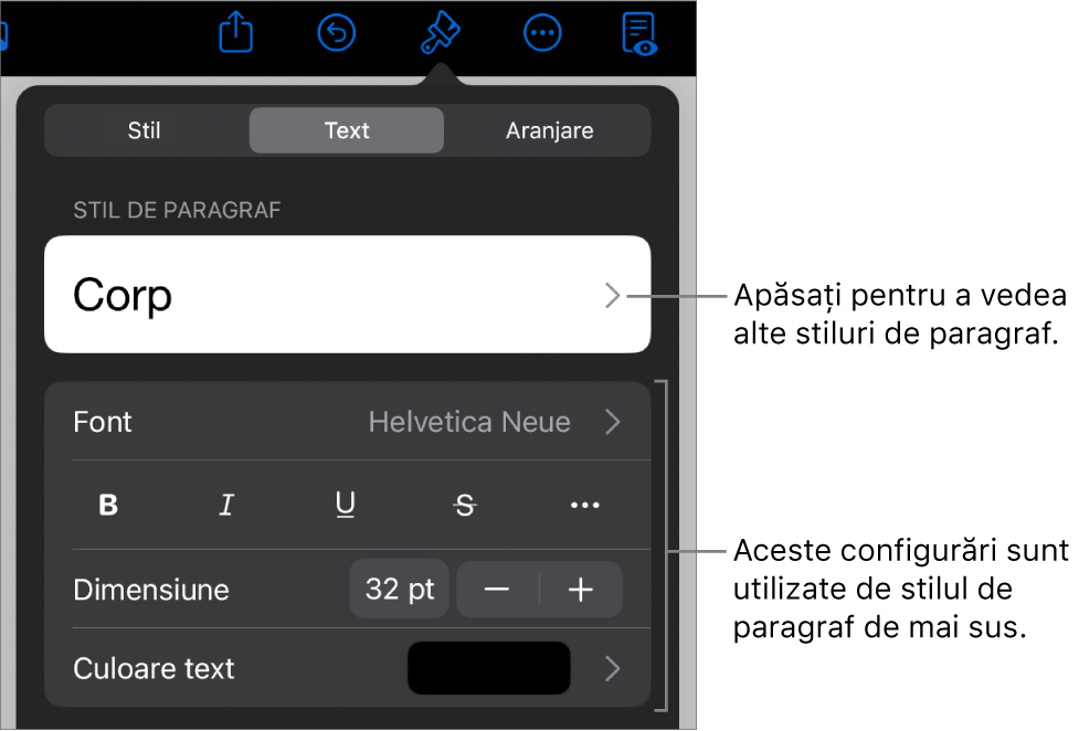 Meniul Format afișând comenzi de text pentru configurarea stilurilor, fonturilor, dimensiunii și culorii paragrafelor și caracterelor.