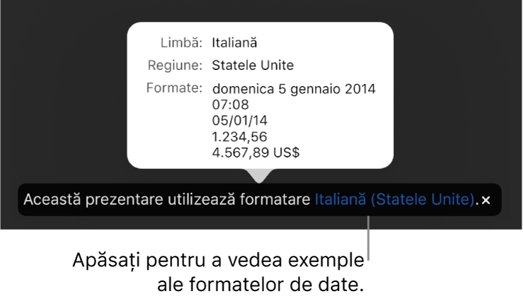 Notificarea privind configurarea limbii și regiunii diferite, afișând exemple de formatare în limba și regiunea respectivă.