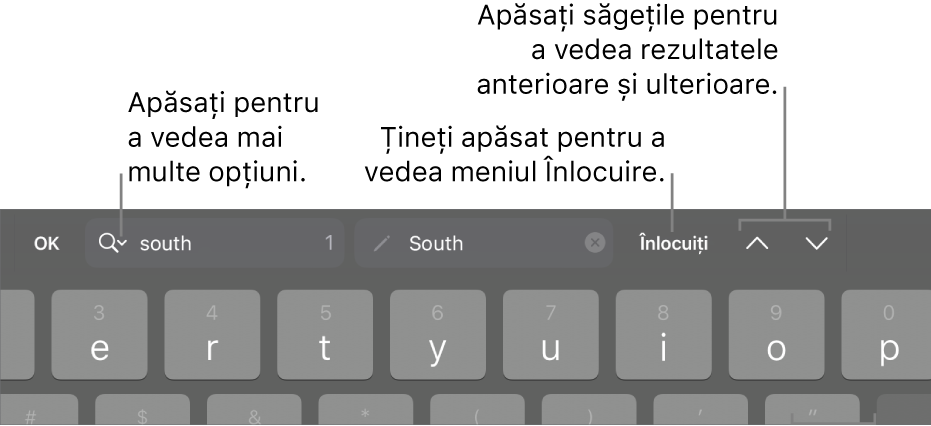 Comenzile Găsește și înlocuiește de deasupra tastaturii, cu explicații pentru butoanele Opțiuni de căutare, Înlocuiți, În sus și În jos.