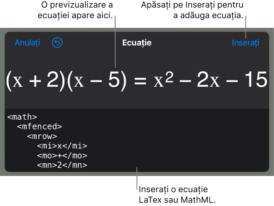 Caseta de dialog Ecuație, afișând o ecuație scrisă cu ajutorul comenzilor MathML și, deasupra, o previzualizare a formulei.