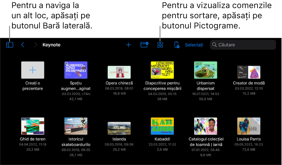 Vizualizarea de explorare a gestionarului de prezentări cu butonul Bară laterală în colțul din stânga sus. În dreapta sus se află butonul Adăugați, butonul Dosar nou, butonul Pictograme (pentru sortare după nume, dată, dimensiune sau etichetă), butonul Selectați și butonul Căutare. Sub acestea se află miniaturile prezentărilor existente.