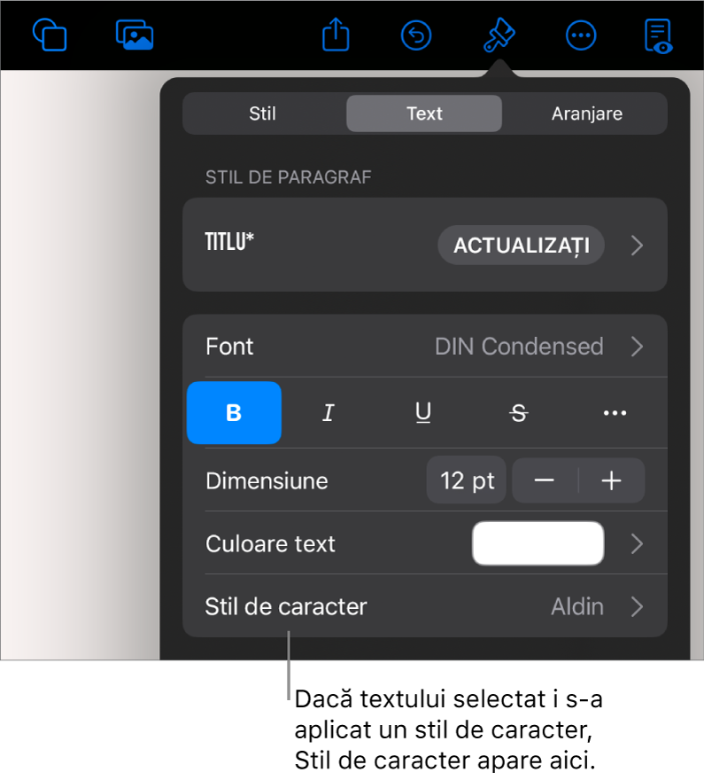 Comenzile de formatare Text cu Stil de caracter sub comenzile Culoare. Stilul de caracter Nimic apare cu un asterisc.