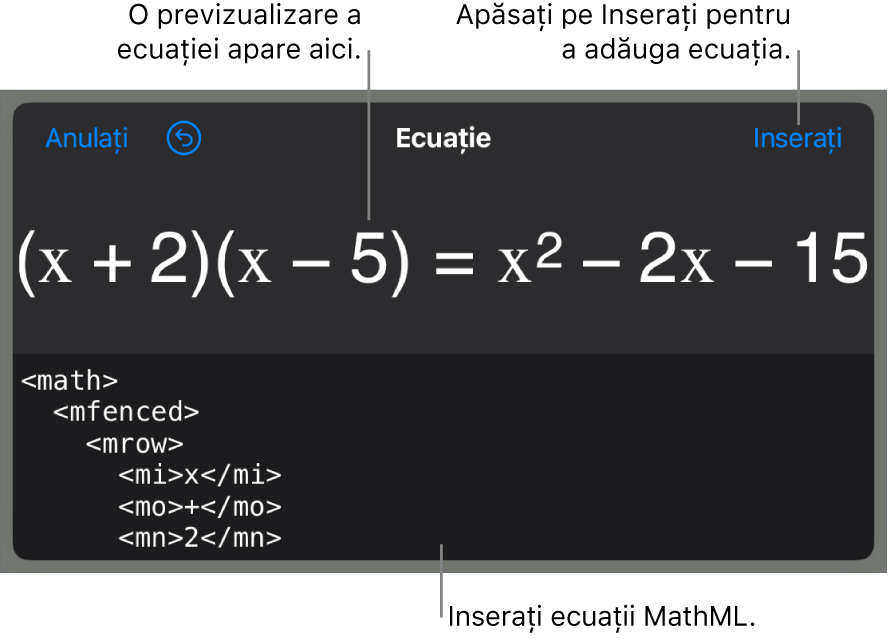 Caseta de dialog Ecuație, afișând o ecuație scrisă cu ajutorul comenzilor MathML și, deasupra, o previzualizare a formulei.