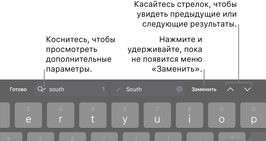 Элементы управления параметром «Найти и заменить» над клавиатурой. Выноски указывают на кнопки «Параметры поиска», «Заменить», «Перейти вверх» и «Перейти вниз».
