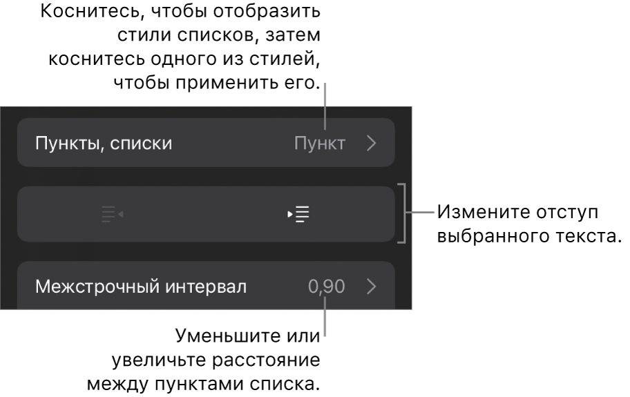Раздел «Пункты и списки» в окне «Формат». Выноски показывают раздел «Пункты и списки», кнопки выступа и отступа, а также элементы управления межстрочным интервалом.