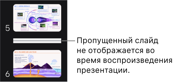 Навигатор слайдов с пропущенным слайдом, вместо которого отображается горизонтальная линия.