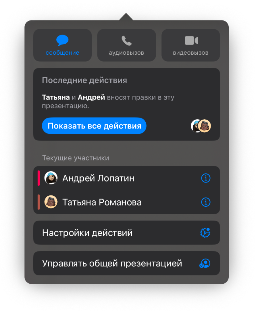 Меню совместной работы, в котором показаны имена людей, совместно работающих над презентацией.