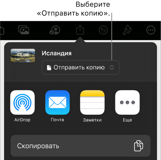 В верхней части меню «Поделиться» выбран параметр «Отправить копию».