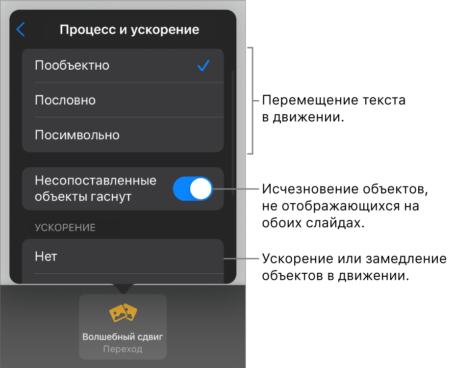 Настройки появления и ускорения перехода «Волшебный сдвиг» в панели «Ускорение».