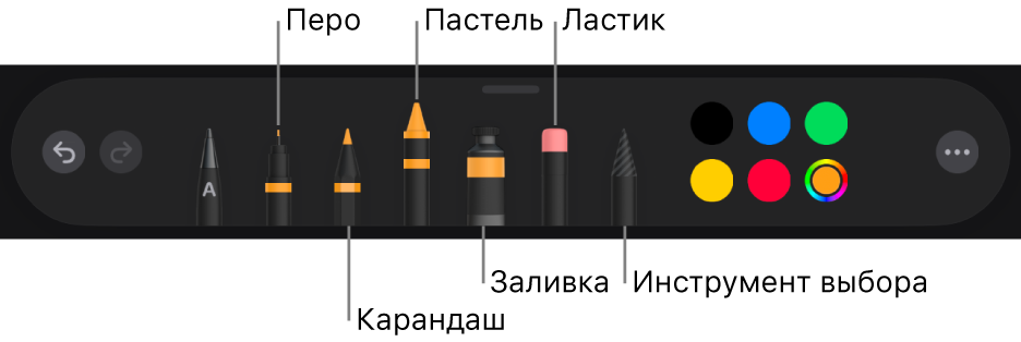 Панель инструментов рисования: перо, карандаш, пастель, заливка, ластик, инструмент выбора и цветовая область с текущим цветом.