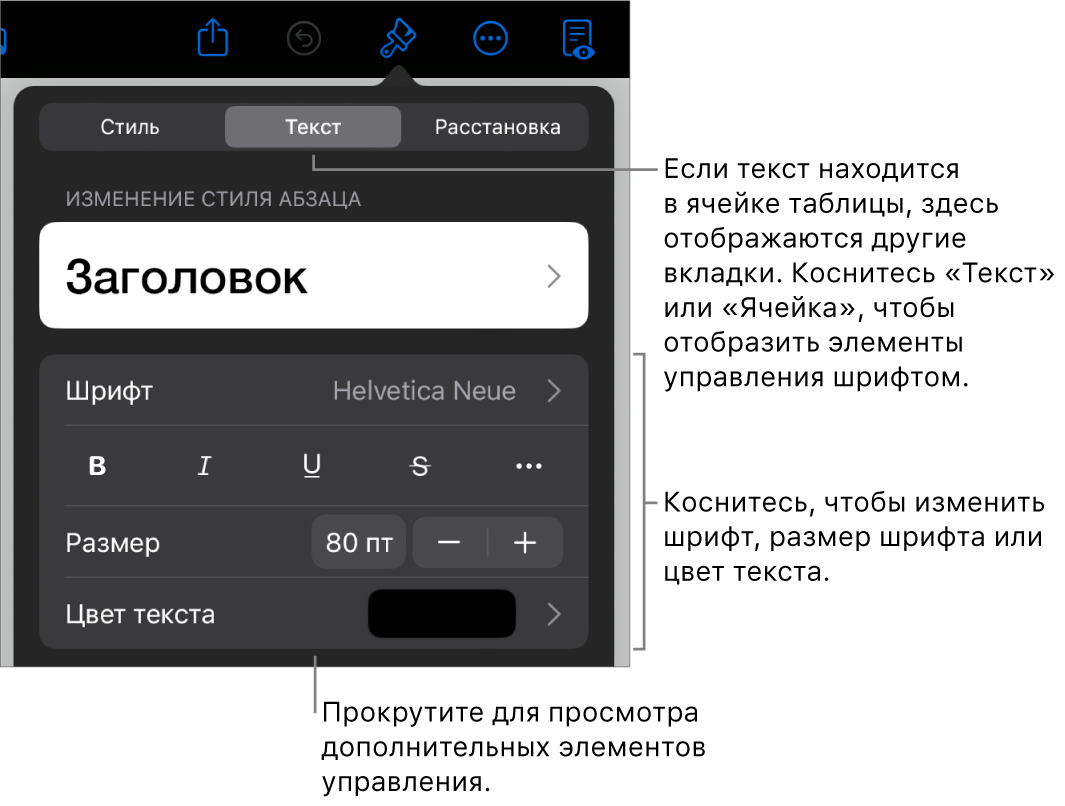 Элементы управления текстом в меню «Формат» для настройки стилей абзацев и символов, шрифта, размера и цвета.