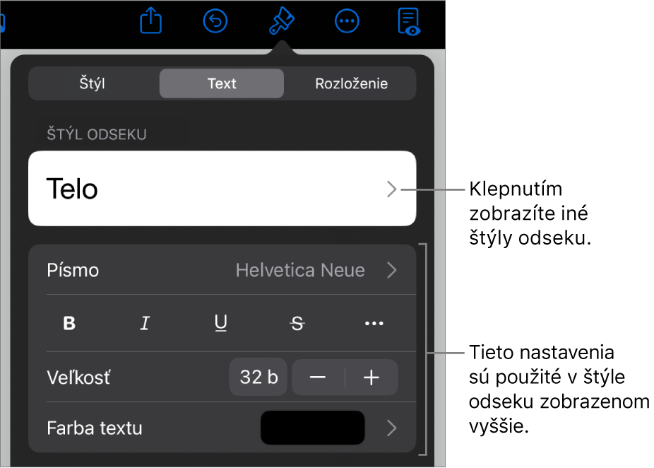 Menu Formát zobrazujúce ovládacie prvky pre nastavenie štýlov odseku a znakov, písma, veľkosti a farby.