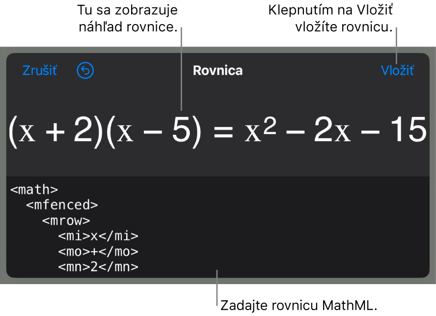 Dialógové okno Rovnica zobrazujúce rovnicu napísanú pomocou príkazov MathML, vyššie sa nachádza náhľad vzorca.