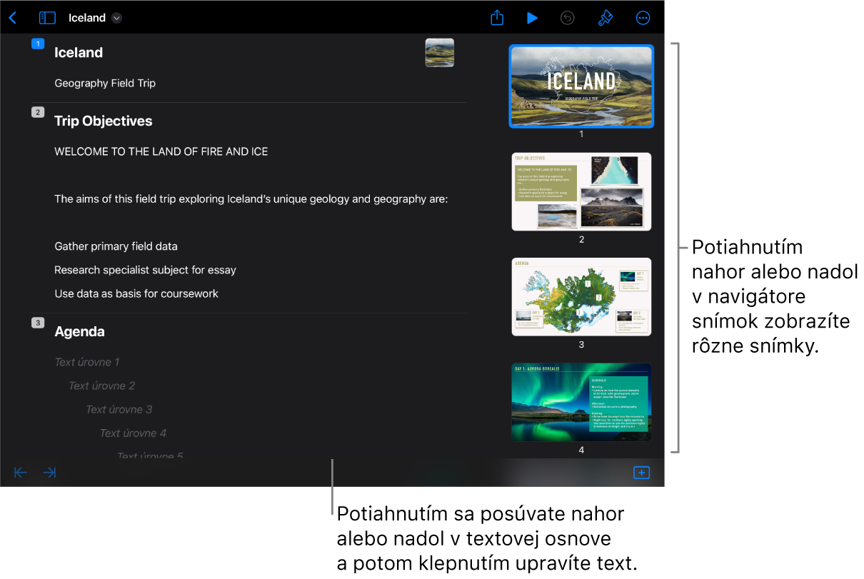 Zobrazenie osnovy s osnovou textu na ľavej strane obrazovky a so zvislým navigátorom snímok na pravej strane.