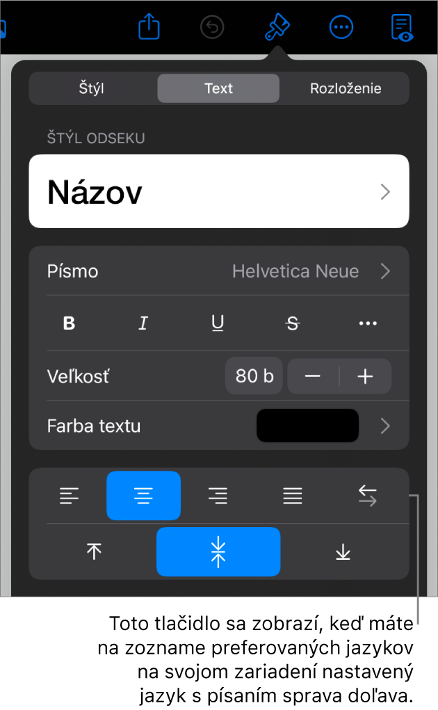 Ovládacie prvky textu v menu Formát s bublinou pre tlačidlo Zľava doprava.