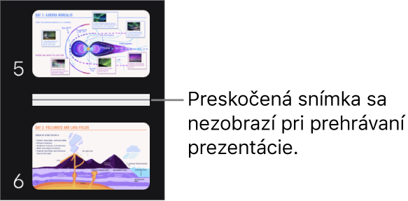 Navigátor snímok s preskočenou snímkou zobrazenou ako vodorovná čiara.