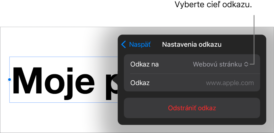 Ovládacie prvky nastavení odkazov s vybranou položkou Webová stránka a tlačidlom Odstrániť odkaz v dolnej časti.