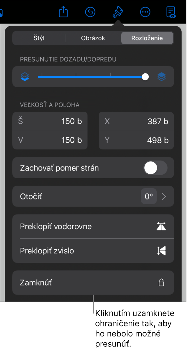 Ovládacie prvky Rozloženie v menu Formát so zvýrazneným tlačidlom Zamknúť.