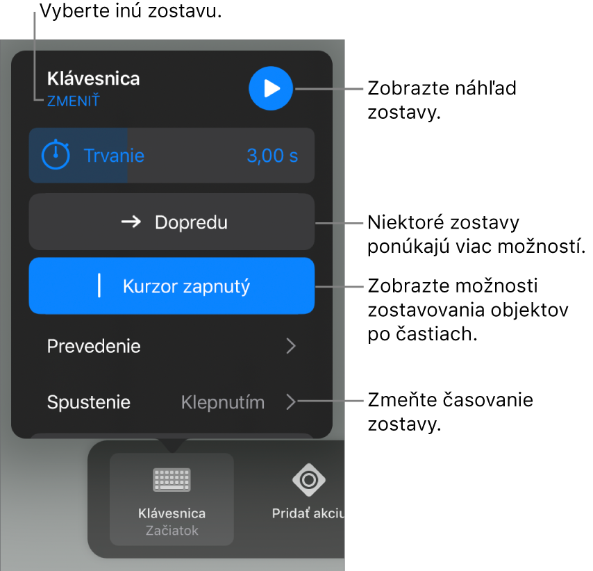 Možnosti zostavy zahŕňajú trvanie, doručenie a časovanie začiatku. Ak chcete vybrať inú zostavu, klepnite na Zmeniť. Klepnutím na Náhľad zobrazíte náhľad zostavy.