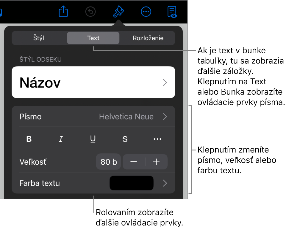 Ovládacie prvky textu v menu Formát pre nastavenie štýlov, písma, veľkosti a farby odsekov a znakov.
