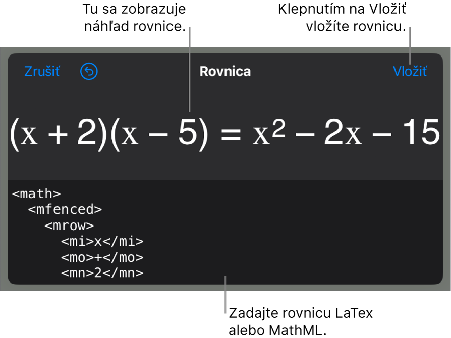 Dialógové okno Rovnica zobrazujúce rovnicu napísanú pomocou príkazov MathML, vyššie sa nachádza náhľad vzorca.