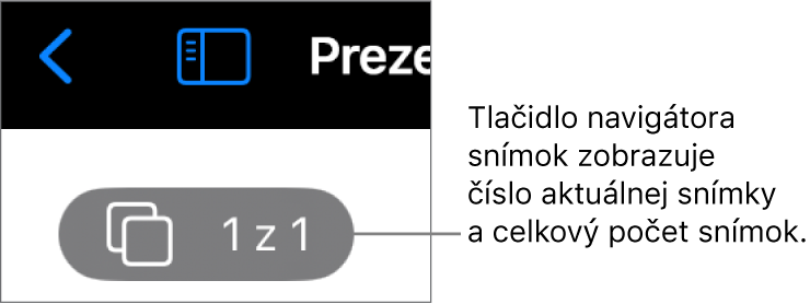 Tlačidlo navigátora snímok zobrazujúce aktuálne číslo snímky a celkový počet snímok v prezentácii.