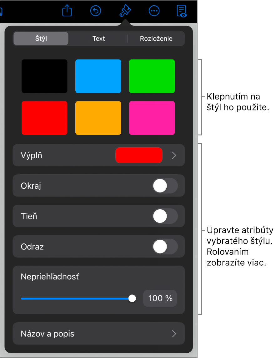 Záložka Štýl menu Formát so štýlmi objektov v hornej časti a ovládacími prvkami pod nimi s možnosťou zmeny okraja, tieňa, odrazu a priehľadnosti.